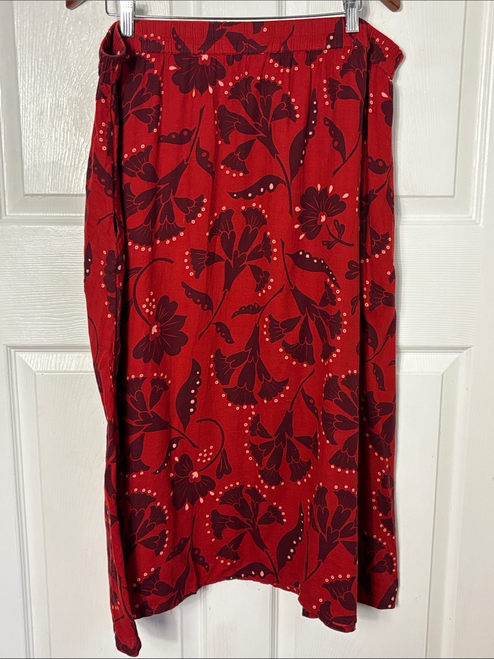 GUDRUN SJODEN Red Floral Print Midi Skirt Size XL Organic Cotton Side Pockets